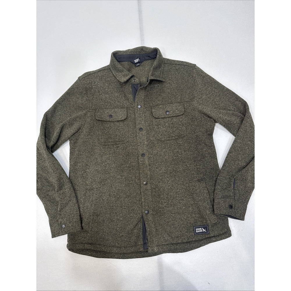 Eddie‎ Bauer Med. Sweater Long Sleeve Button Up Fleece Olive Green Shirt Jacket